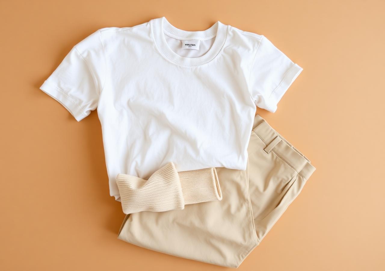 Folded basic apparel — white tee, cream sweater, beige trousers