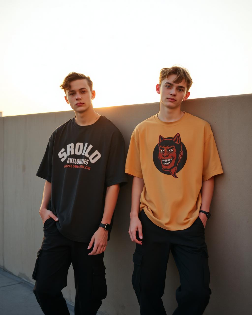 Two teenagers in trendy streetwear at golden hour
