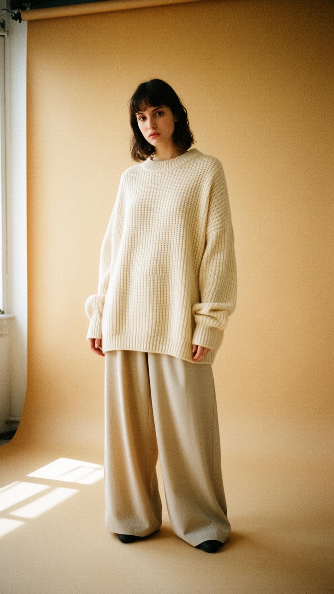 Model wearing an oversized cream knit sweater and wide-leg trousers